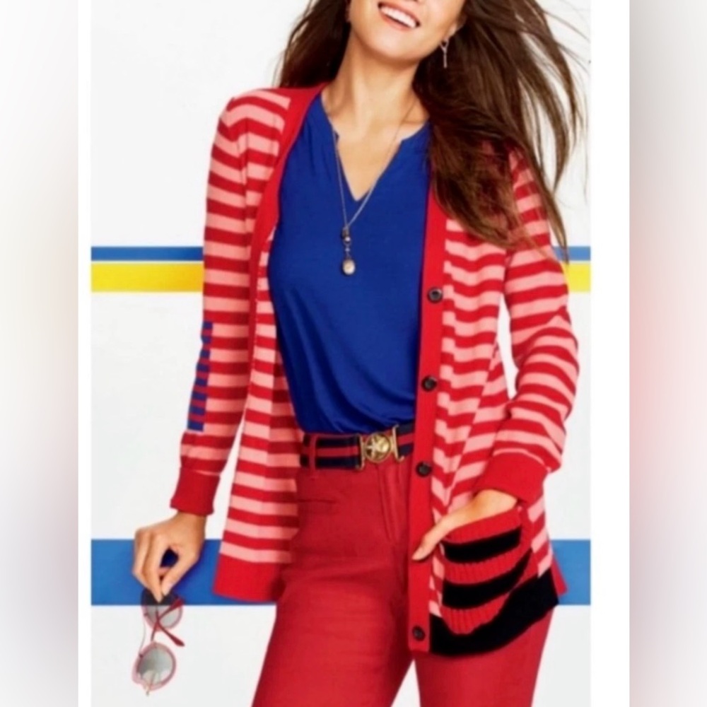 Cabi cardigan sweater picnic summer stripe red pink large contrast elbow pocket